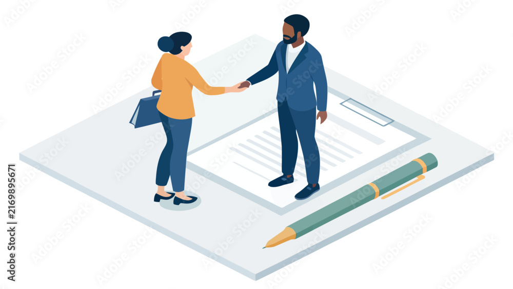 Obraz premium Isometric business partnership concept featuring a man and woman shaking hands over a contract document and pen business handshake isometric illustration partnership agreement corporate coworker
