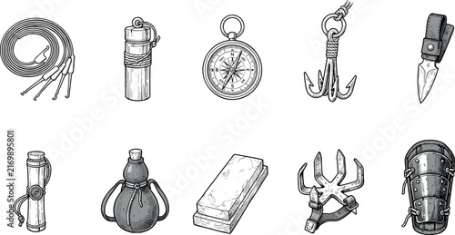 Photography Vintage Survival Gear and Bushcraft Tool Vector Set with Hand Drawn Sketch Compa