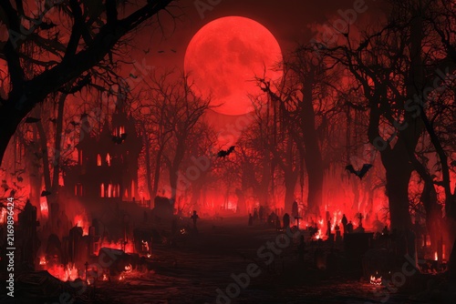 Spooky haunted cemetery with a blood moon and eerie red glow on Halloween night