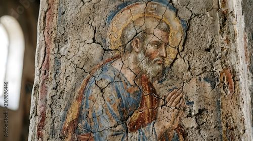 Ancient Cracked Fresco of a Saint in Prayer