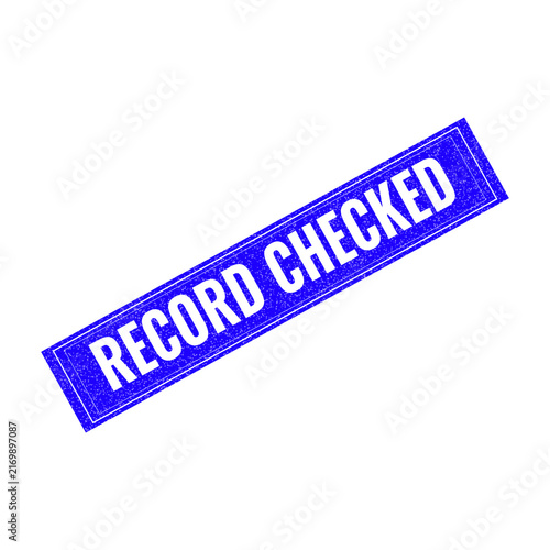 Record checked stamp with blue diagonal banner and white text isolated on transparent background