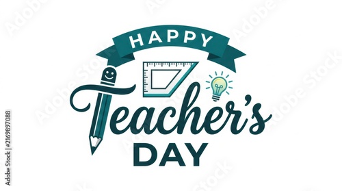 Happy Teachers Day badge with ribbon and school style