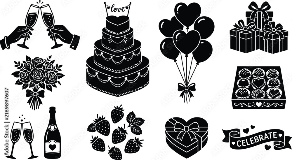 Naklejka premium Wedding celebration icons set, black silhouette party elements, romantic anniversary vector graphics for invitations and cards