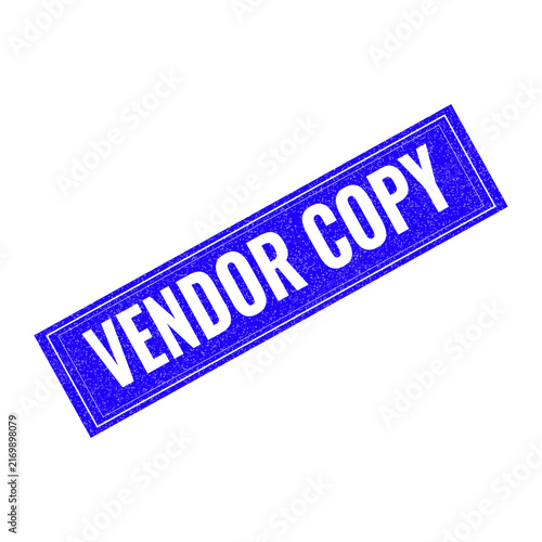 Red vendor copy stamp with blue border and white text isolated on transparent background