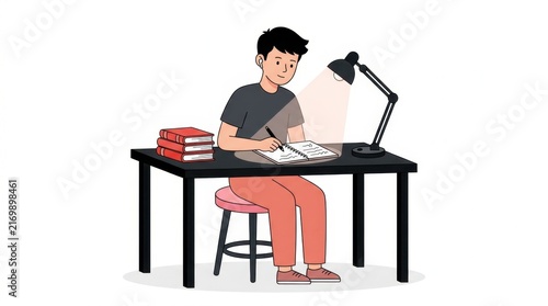 Student studying at desk with lamp and books illustration