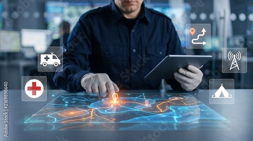 Emergency coordinator using digital tablet to manage crisis response on holographic map