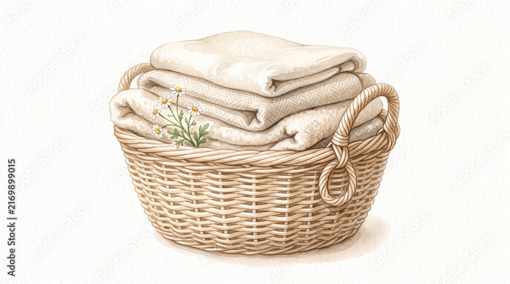 Obraz premium Watercolor illustration of a woven rattan laundry basket filled with neatly folded cream-colored towels and blankets, featuring a small sprig of white chamomile flowers tucked into the side.