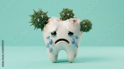 Cute tooth character holding dental health protection shield