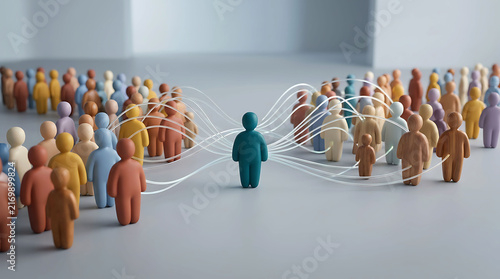 Central teal figure connected to two crowds by glowing fiber optic lines