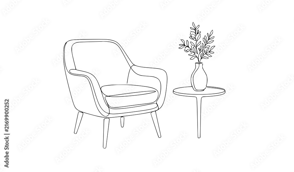 Fototapeta premium Scandinavian Armchair and Side Table with Plant Continuous Line Art Vector Illustration