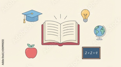 Education illustration with books apple and graduation cap