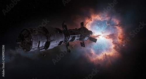 Spacecraft approaching a cosmic explosion galaxy.