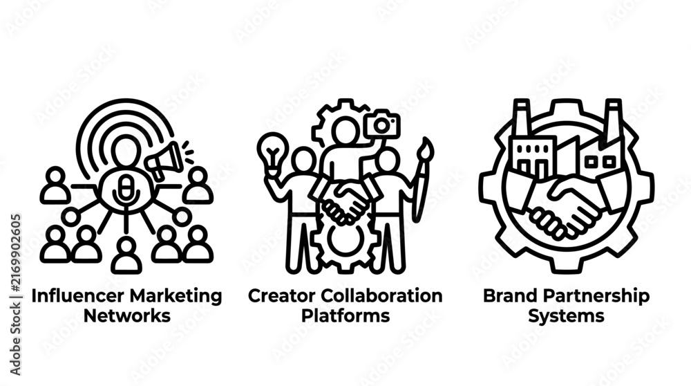 Fototapeta premium Set of influencer marketing and brand partnership platform vector icons with influencer marketing collaboration platform partnership handshake industry lightbulb photography business