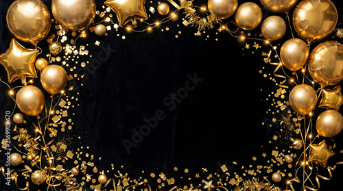 Golden balloons and confetti frame on a dark black background
