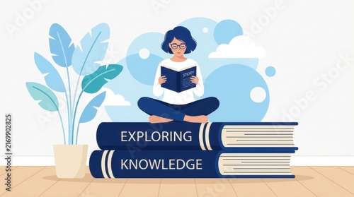 Exploring knowledge concept with books and plants illustration