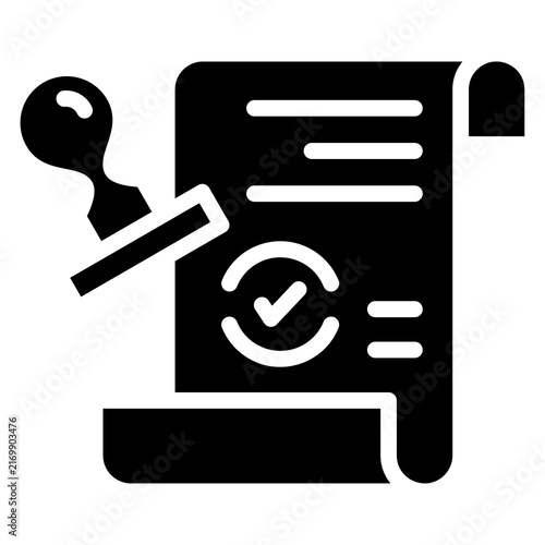 Black icon of a document being stamped with a checkmark symbol for approval.