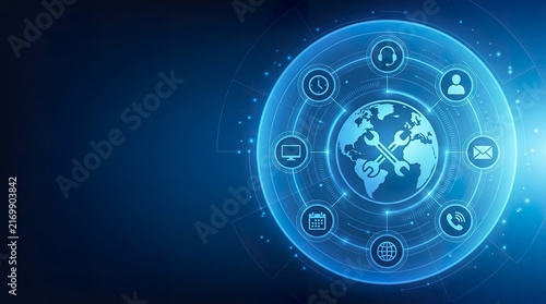 Digital globe representation with interconnected business and technology icons in a circular holographic interface on a dark blue background
