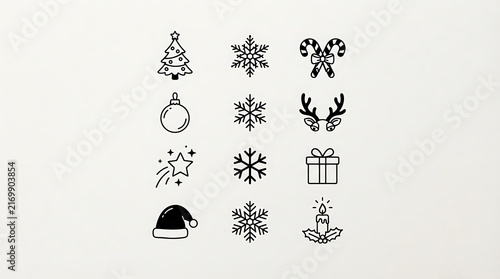 Set of cute hand drawn black and white Christmas icons illustration