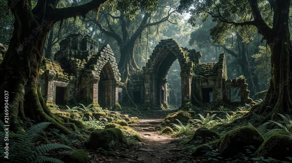 Obraz premium Ancient stone archway, weathered ruins stand deep inside rich green jungle. Moss covers old temple structures among massive trees, thick foliage. Mysterious historical site hidden in dense forest