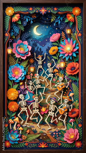 Día de los Muertos / Day of the Dead. Paper art of dancing skeletons celebrating with flowers under a moonlit sky