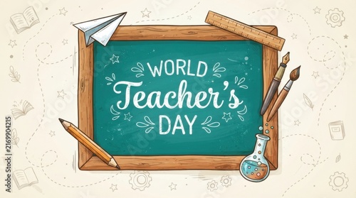 World Teachers Day chalkboard frame with school supplies