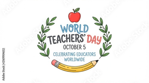 World Teachers Day emblem with books and apple illustration