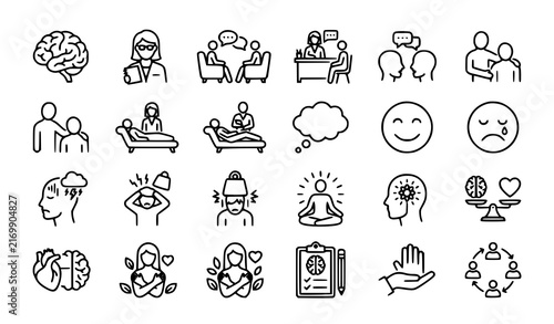 Canvastavla Psychology and mental wellness editable stroke line icon set featuring brain the