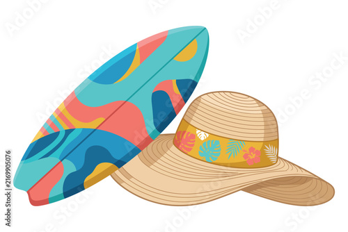 Surfboard and straw hat with tropical pattern during summer vacation against white background vector silhouette