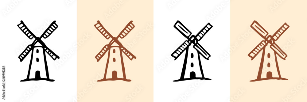 Obraz premium Windmill Hand Drawn Doodle Icon Set. Traditional Windmill Structure Sketch Symbol Collection. Renewable Energy And Rural Landscape Agriculture Context. Isolated Vector Illustration