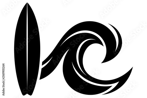 Surfboard silhouette against a dynamic ocean wave during daytime in graphic style