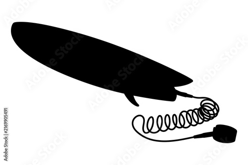 Surfboard with coiled leash during water sports against white background vector silhouette