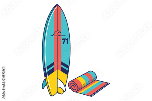 Surfboard with rolled beach towel on white background for summer vacation and ocean sports