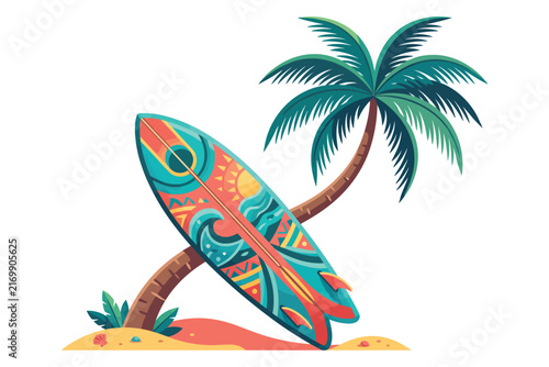 Surfboard with palm tree on tropical island during sunny day vector silhouette