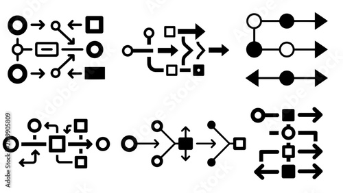 Abstract workflow arrows and nodes icon set with flowchart connections, direction indicators, and process diagram elements for business planning