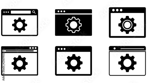 Dark browser settings icons collection with gear symbols in six minimal window layouts for website configuration, interface, and technology design