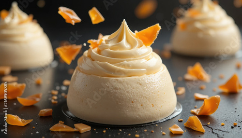 Creamy dessert topped with swirls of frosting and scattered caramel shards, creating elegant presentation. smooth texture and rich flavor evoke indulgence and delight