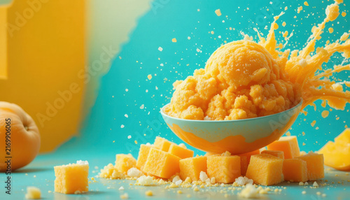 Delicious mango sorbet splashes joyfully from bowl, surrounded by vibrant yellow cubes of mango and sugar, creating playful and refreshing scene
