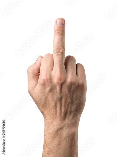 Male hand showing middle finger gesture isolated on white background, PNG