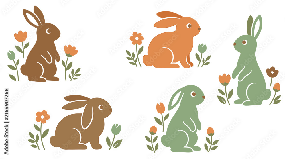 Obraz premium Easter bunny vector illustration set with cute rabbits and spring flowers in minimalist folk art style