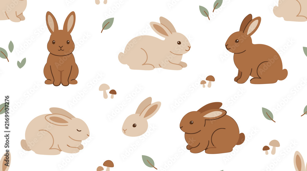 Naklejka premium Cute rabbit seamless pattern with cartoon bunnies, leaves, and mushrooms vector illustration for textile and wrapping paper design