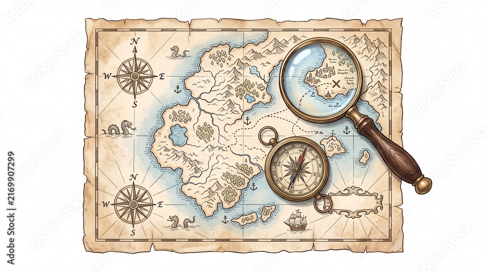 Fototapeta premium Antique vintage treasure map with magnifying glass and brass compass placed flat on white background
