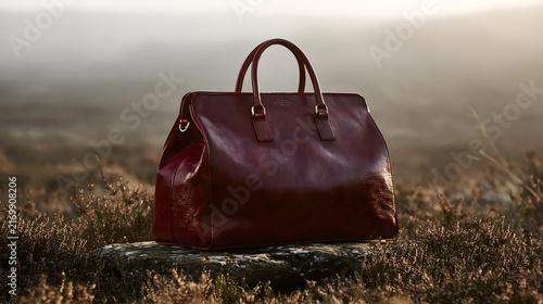 Luxurious Leather Handbag Outdoors: A rich, burgundy leather handbag rests on a mossy stone amidst a misty, natural landscape, exuding elegance and sophistication.