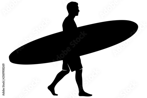 Man carrying surfboard during summer vacation with copy space in vector silhouette style