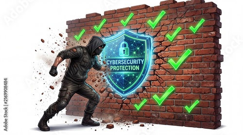 Hooded hacker attacking a glowing digital cyber security shield protecting a solid brick wall on white background