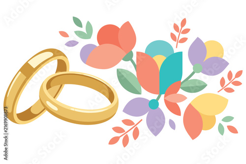 Two golden wedding bands resting against a vibrant floral arrangement during a celebration Vector Silhouette