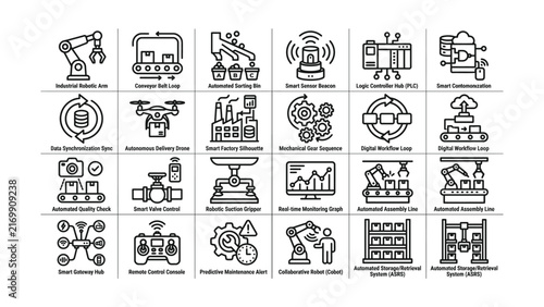 Industrial automation and smart factory icons set with robotic and technological elements