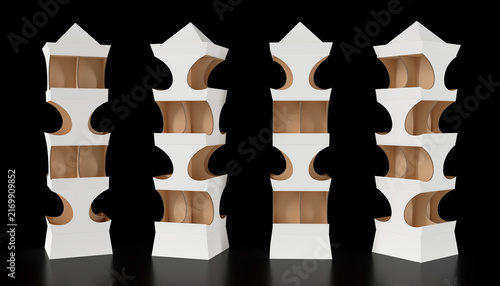 Cardboard pagoda style retail display stand with a multi-tiered structure and decorative roof. 3d illustration set on black background