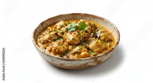 single serving of creamy chicken curry in a rustic ceramic bowl