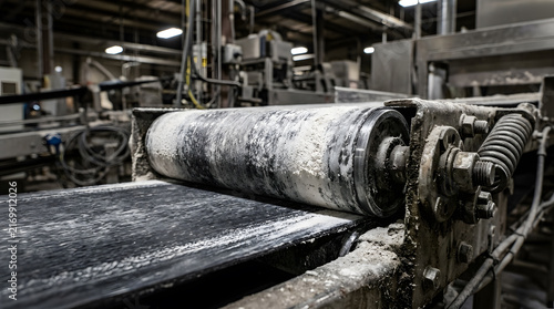 Close-up of a heavy-duty industrial conveyor belt system with a dusty roller and black rubber belt in a production factory, showing mechanical details like bolts and springs in a gritty workshop.