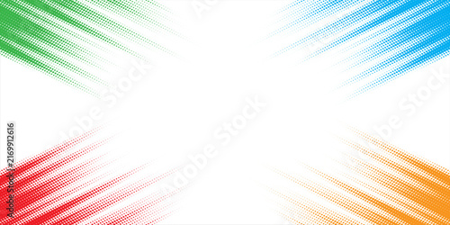 Multicolor halftone speed lines abstract comic background on white background, vector illustration.